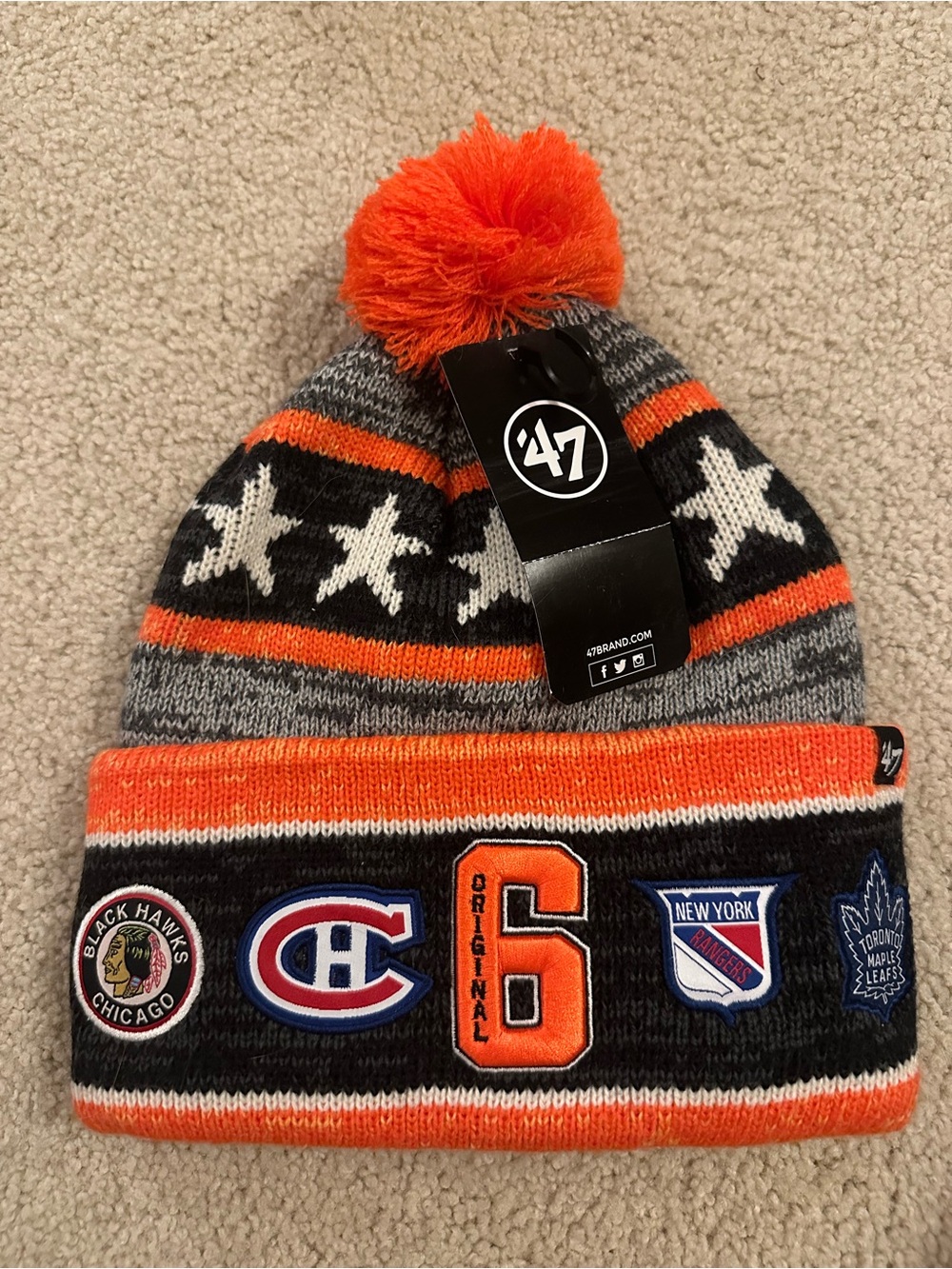 Original Six NHL Charcoal Blizzard '47 Cuff Knit Woven Beanie Hat Brand New
